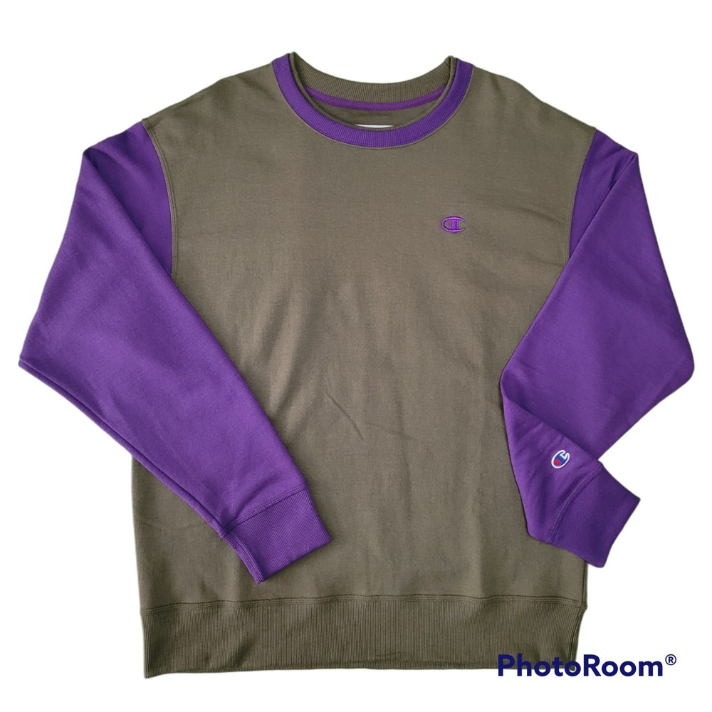 Champion Men's Powerblend Double Collar Crew, Large, Green, Purple, New w/o Tags
